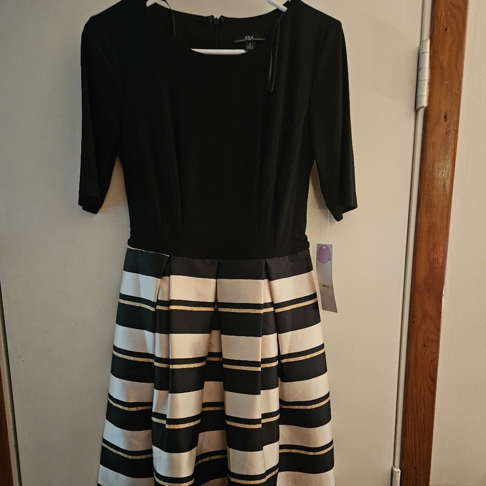 New with Tags R & K Black Fit & Flare Stripe Sparkle Dress Size 4